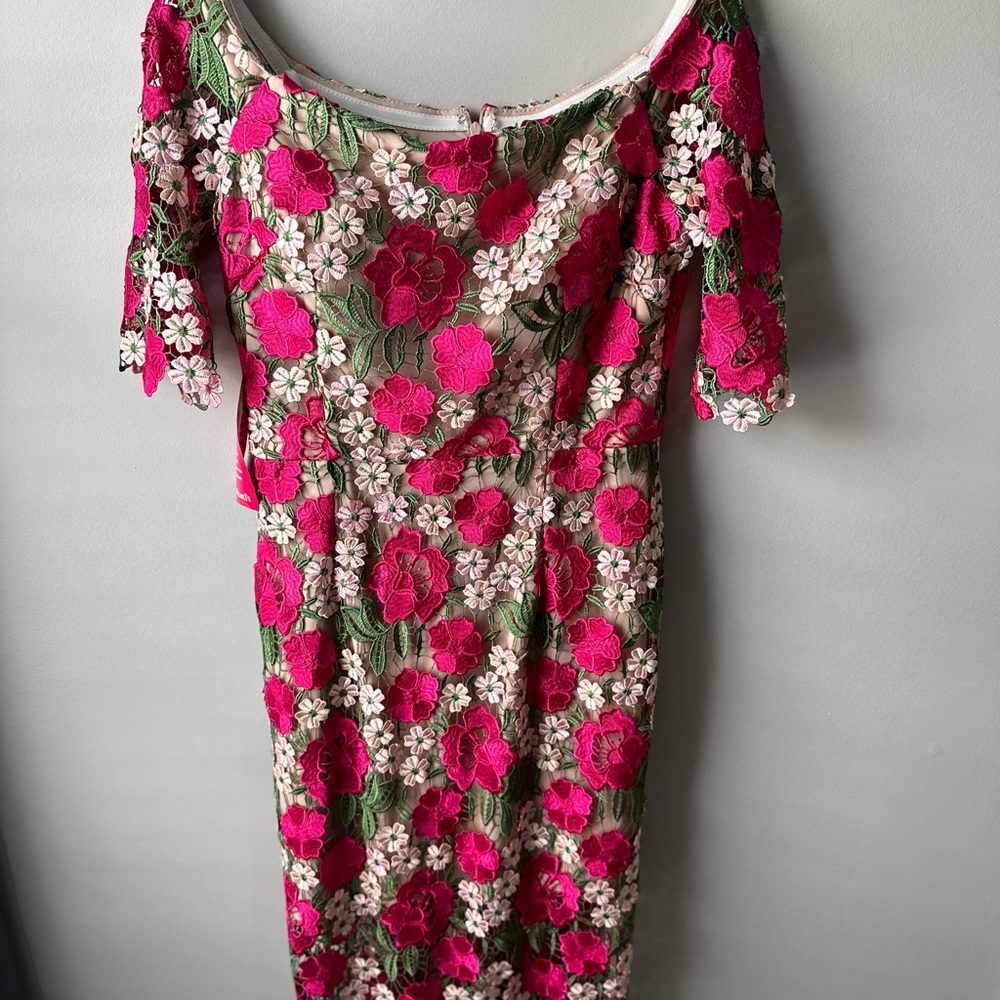Gorgeous pink and green lace dress by Xscape. Size 12